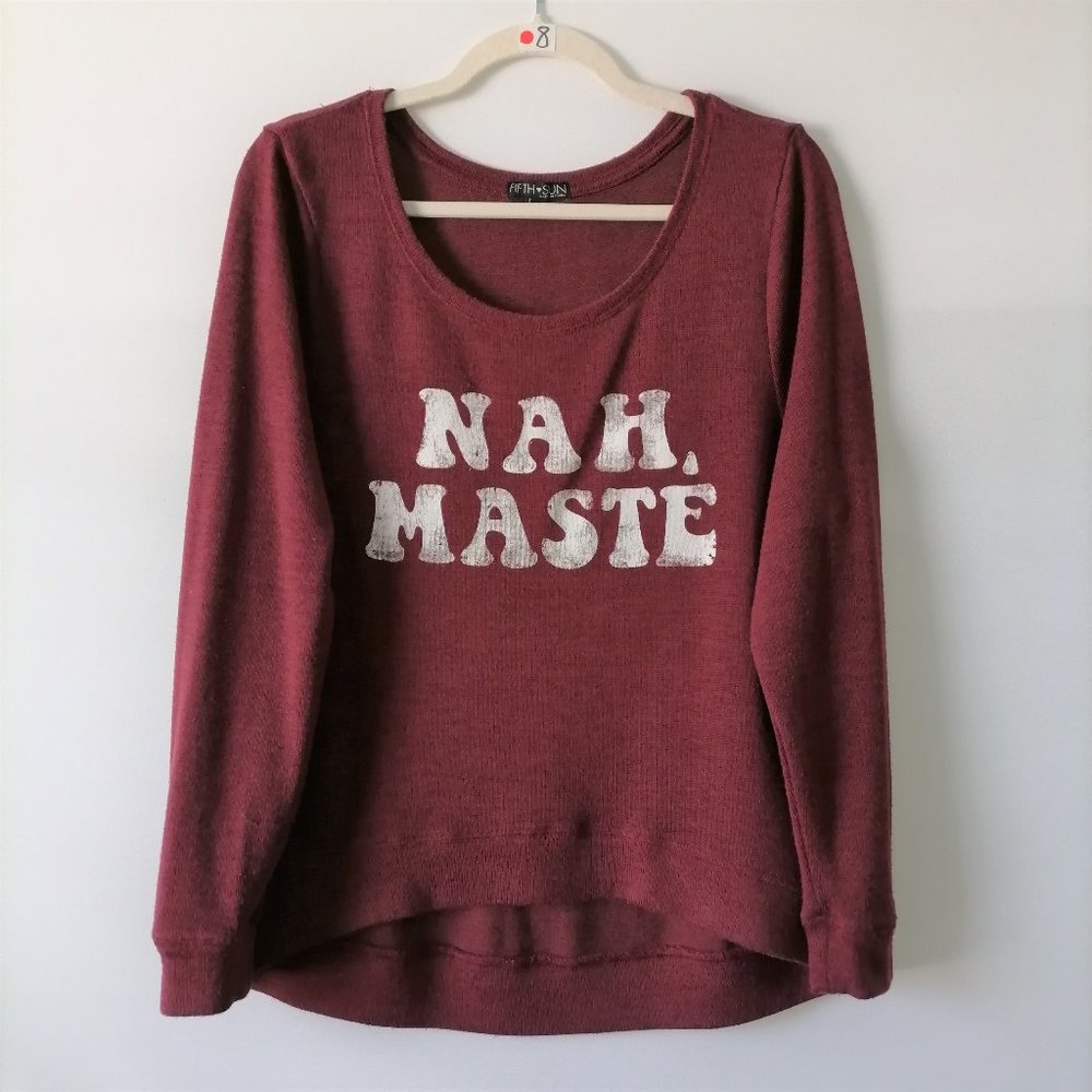 Fifth Sun Womens Red "Nah,Maste" Graphic Hi-Low Long Sleeve Sweater Size L